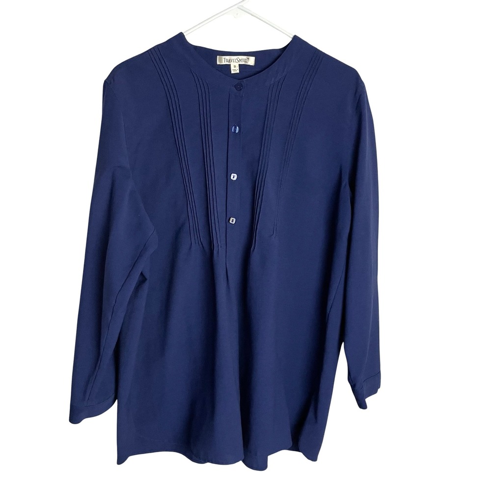 TravelSmith Womens Pintuck Tunic Top Blouse Size 1X Navy Long Sleeve Popover